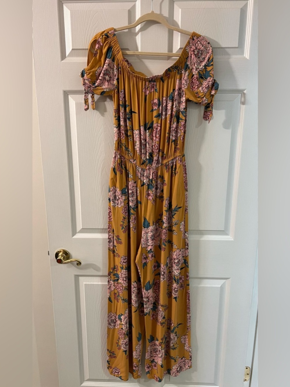Band of Gypsies Mustard Floral Off-Shoulder Romper